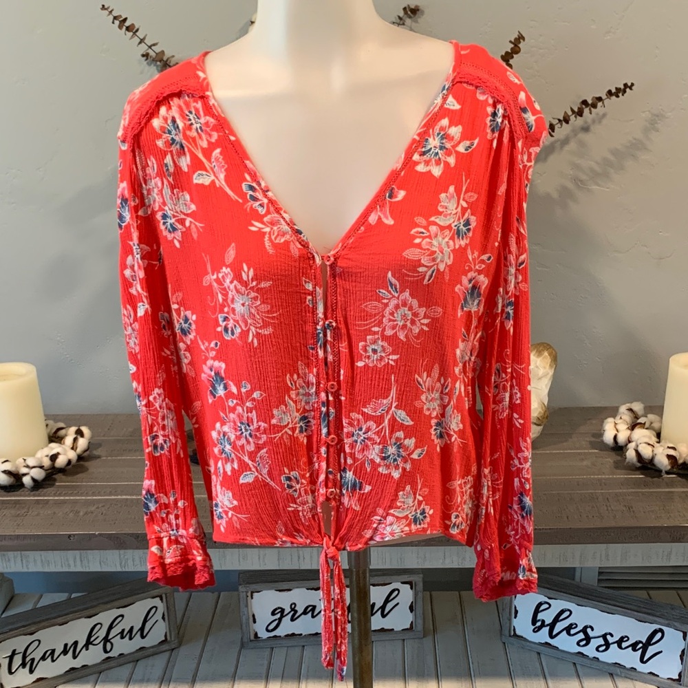 American Rag Red Floral Button-Down Blouse